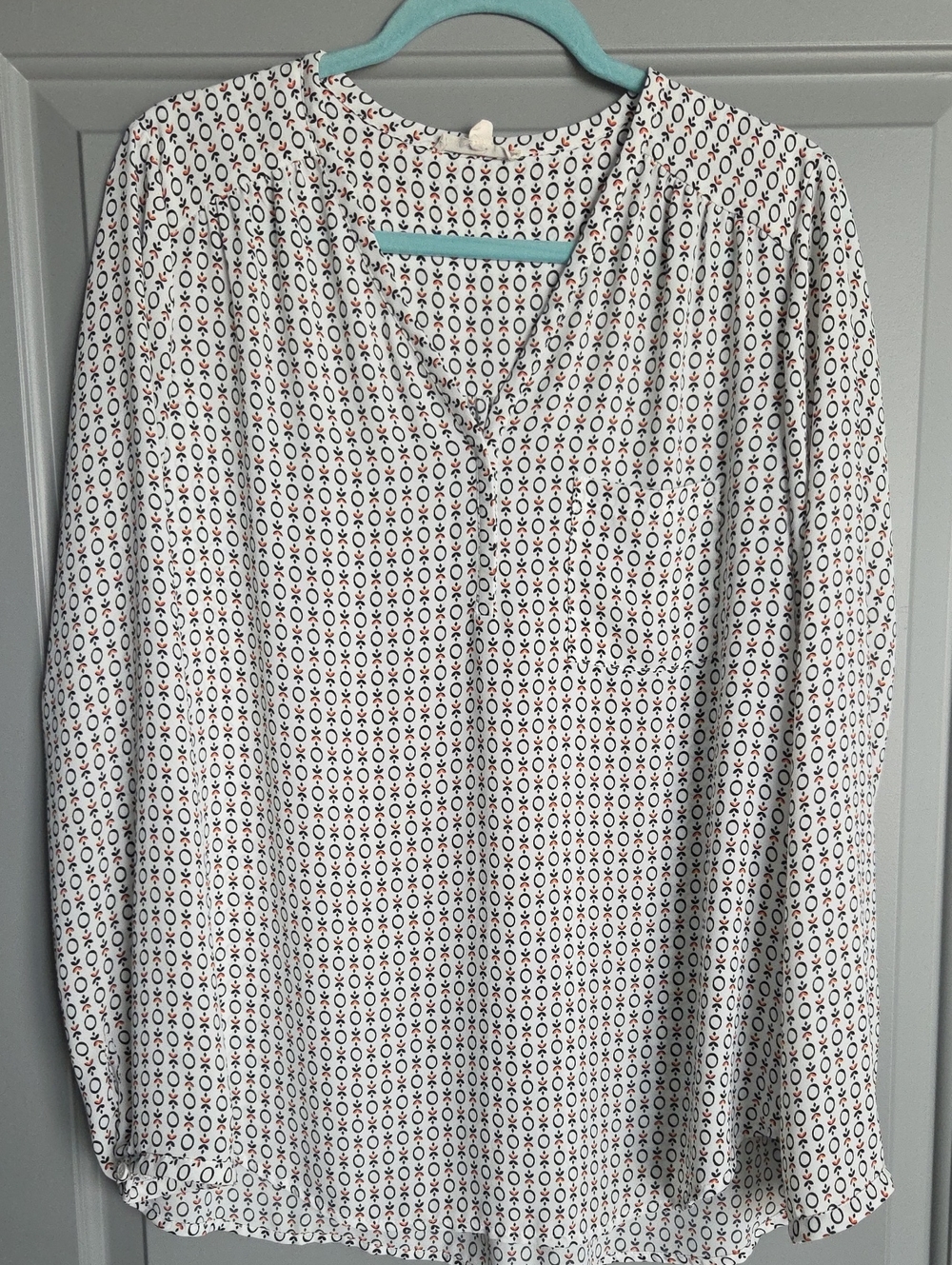 Pleione White Blouse with Black Geometric and Orange Accents